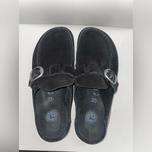 Birkenstock Black Suede Slip-On Clogs with Silver Buckle